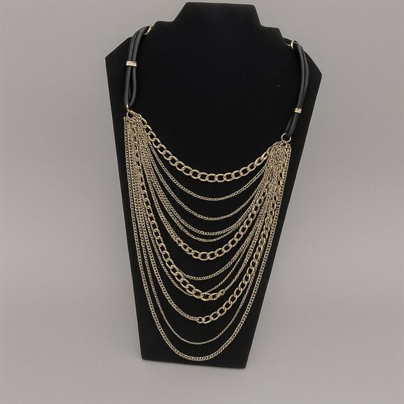 WHBM 30" Gold & Black Cord Necklace – Rhinestone Bands, Bold Statement - Picture 1 of 4